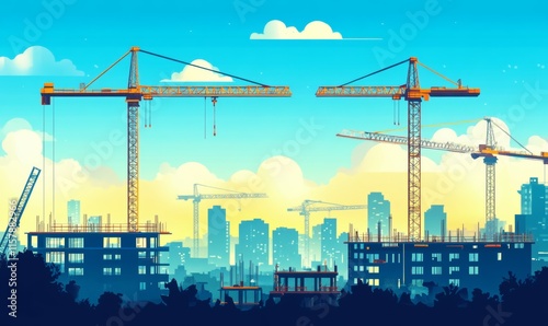 Building construction sites in the city and tower cranes under development. Stock technology. photo