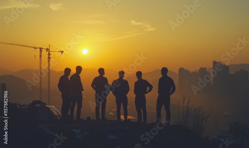 Business engineering teams, silhouetted against the sunset, scour construction sites for blueprints, their vision obscured by the haze.