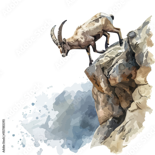 A watercolor vector painting of a mountain goat scaling a rocky cliff, isolated on a white background. Mountain goat watercolor illustration.

