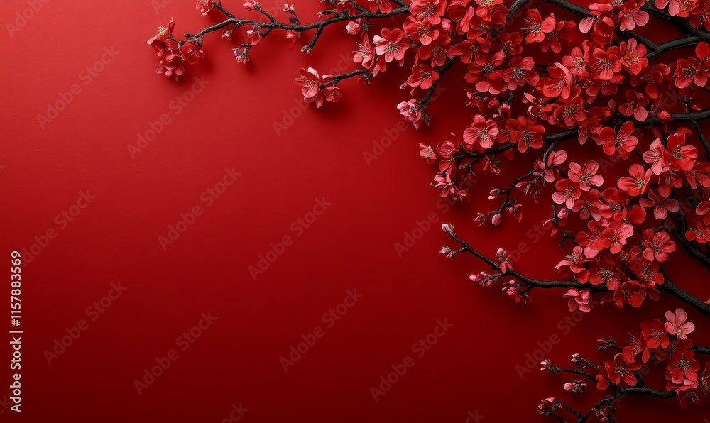 Copy space background with red cherry blossoms or Sakura on red background, festive, greeting, celebrating season concepts in 2025. Copy space background with red cherry blossoms or Sakura on red background, festive, greeting, celebrating season concepts in 2025.