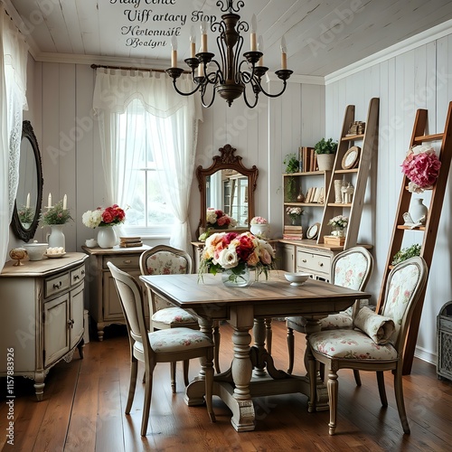 Charming Shabby Chic Dining Room with Vintage Floral Centerpiece