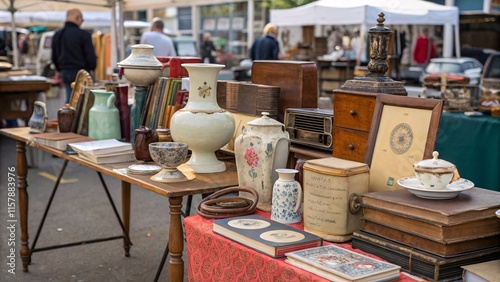 Second-hand household objects for sale at flea market or thrift store photo