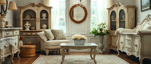 Vintage Shabby Chic Living Room with Leather Sofa and Distressed Furniture