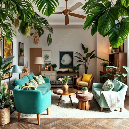 Tropical Eclectic Living Room with Blue Sofa