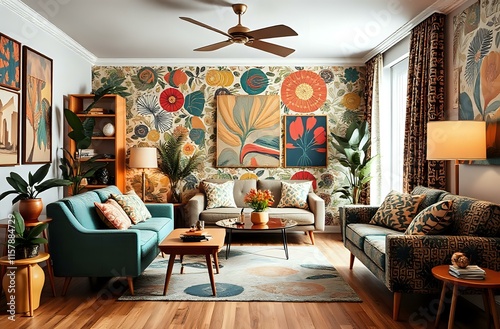 Vibrant Mid-Century Modern Living Room with Floral Wallpaper