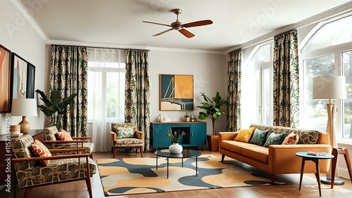 Mid-Century Modern Living Room Stock Photo with Natural Light
