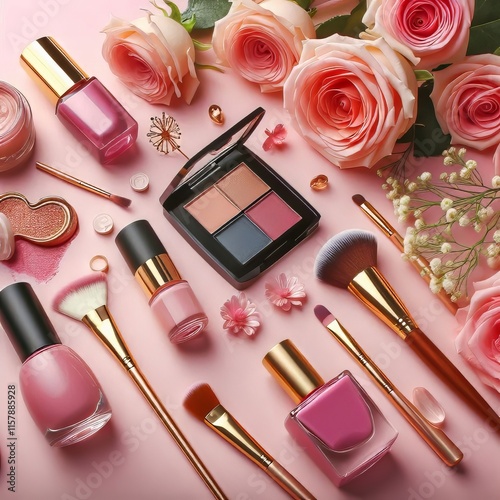 Happy woman's day concept. Makeup products, nail polish and flowers on pink background. 