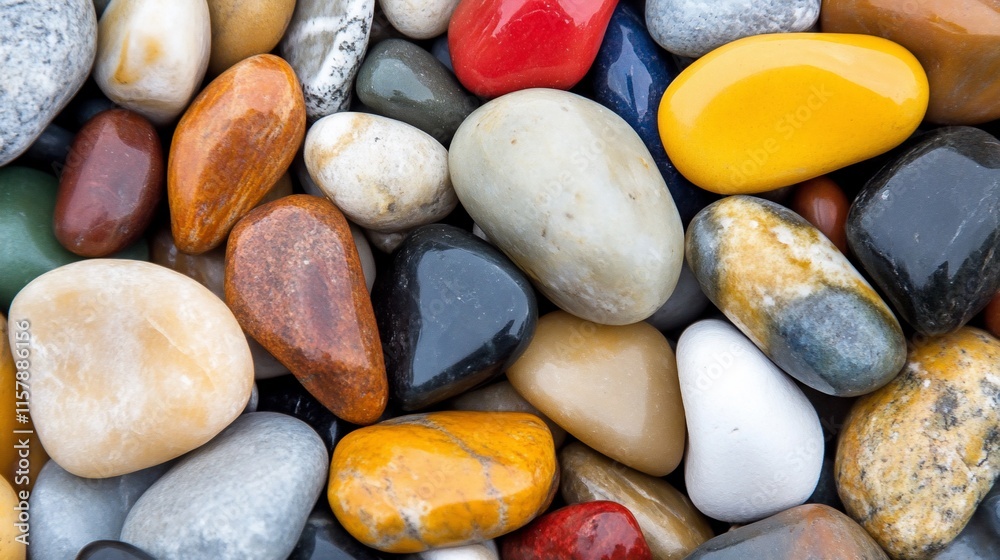A close-up view of various colorful pebbles and stones. A close-up view of various colorful pebbles and stones.
