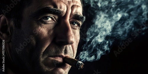 Mature man smoking cigar, exhaling smoke plume against shadowy background, creating intense low key portrait mood