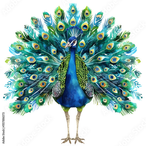 A watercolor vector of a peacock with its feathers spread, isolated on a white background. Peacock vector.
