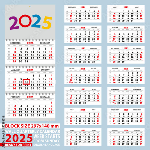 Wall calendar 2025, week start from Sunday. For A4 size.