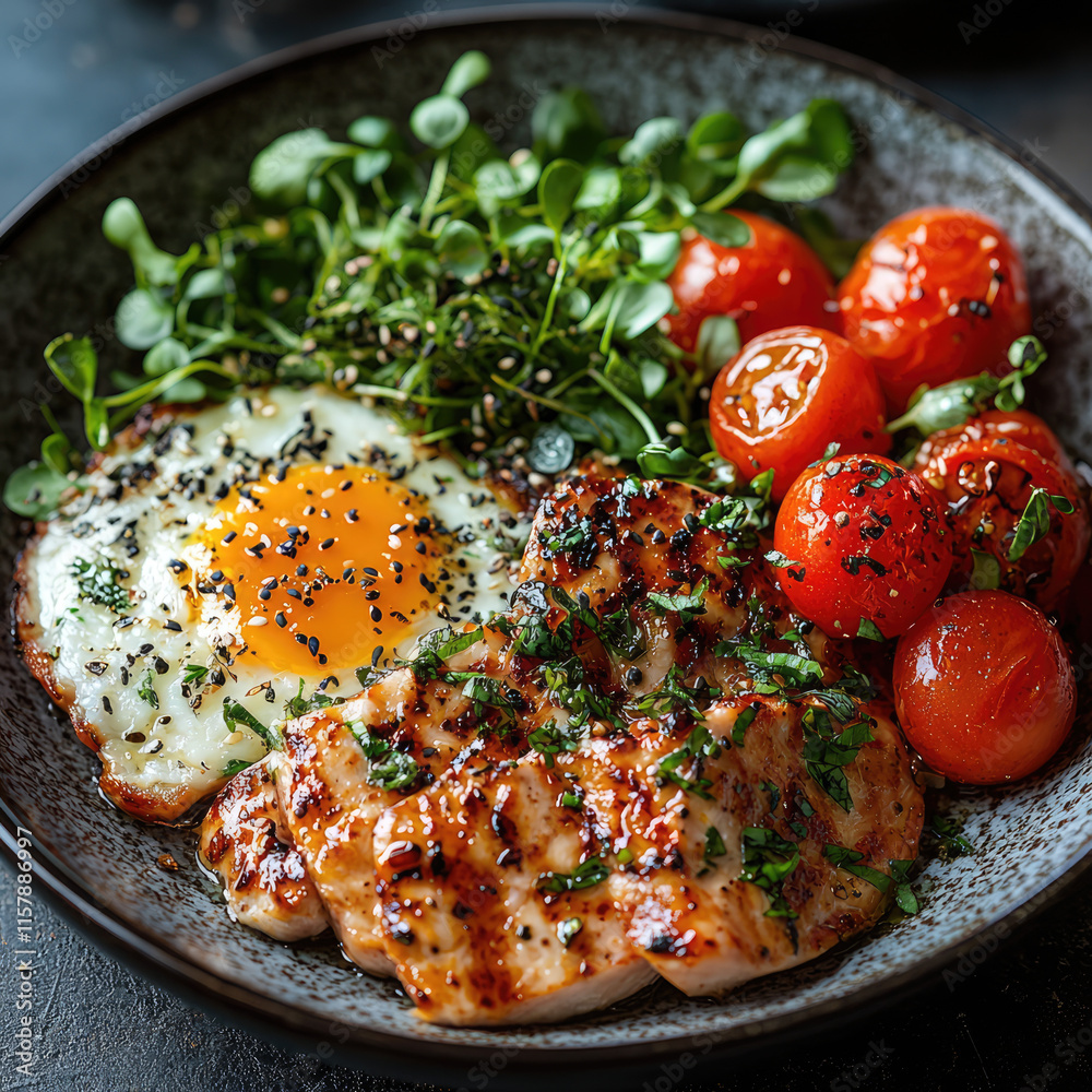 roasted chicken breast with vegetables and egg