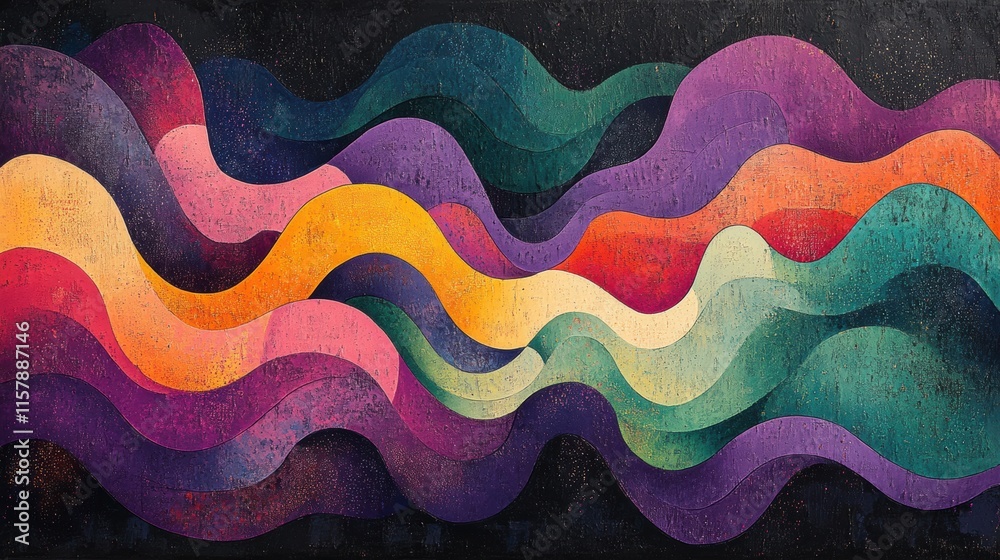 Vibrant abstract waves in multicolor gradients, featuring flowing curves in deep purple, teal, orange, and yellow tones, creating a textured and dynamic composition with a modern aesthetic. Background Vibrant abstract waves in multicolor gradients, featuring flowing curves in deep purple, teal, orange, and yellow tones, creating a textured and dynamic composition with a modern aesthetic. Background