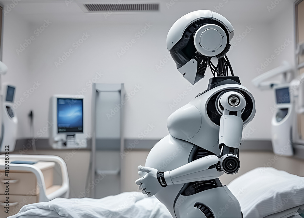 A pregnant human-shaped android robot supports her belly with her hands in a medical ward. The concept of surrogate motherhood in the future or the ability of robots to reproduce their own kind A pregnant human-shaped android robot supports her belly with her hands in a medical ward. The concept of surrogate motherhood in the future or the ability of robots to reproduce their own kind