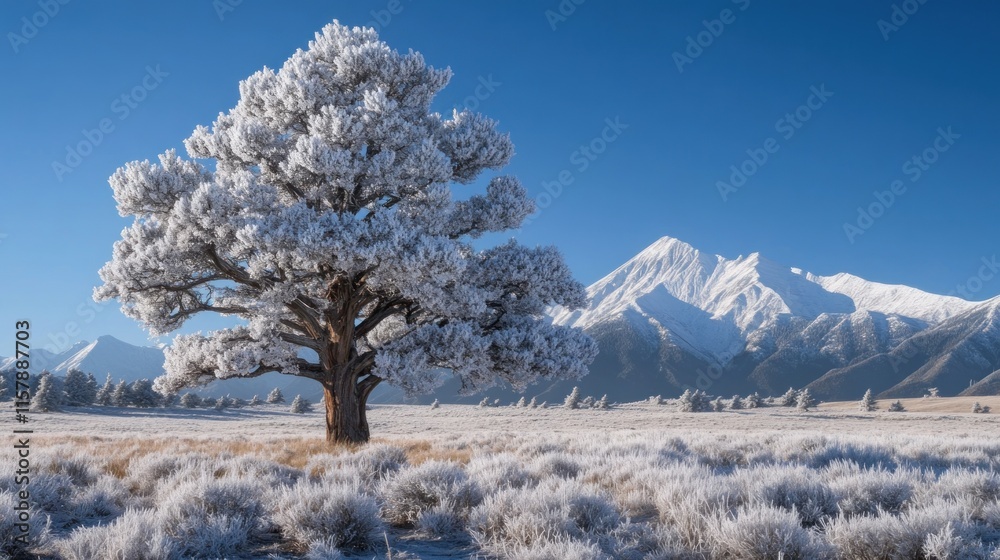 Frost-covered pine tree in snowy mountain landscape. Frost-covered pine tree in snowy mountain landscape.