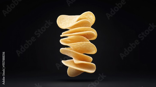 Crispy potato chips stack kitchen food photography dark background close-up snack indulgence photo