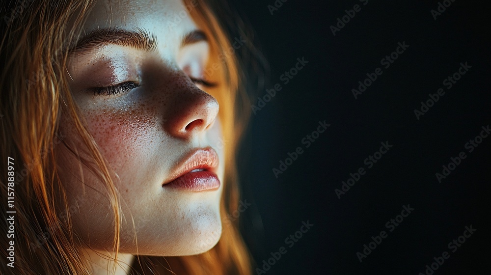 Close-up portrait of a young woman with red hair and freckles, eyes closed, serene expression. Close-up portrait of a young woman with red hair and freckles, eyes closed, serene expression.