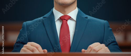 professional attorney in blue suit and red tie presenting case in court, showcasing confidence and authority