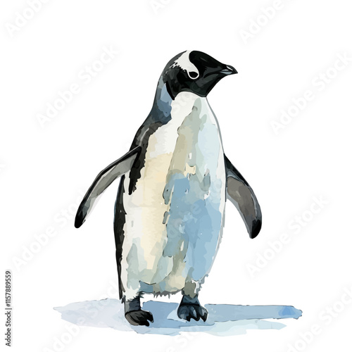 A watercolor vector of a penguin waddling on ice, isolated on a white background. Penguin vector.
