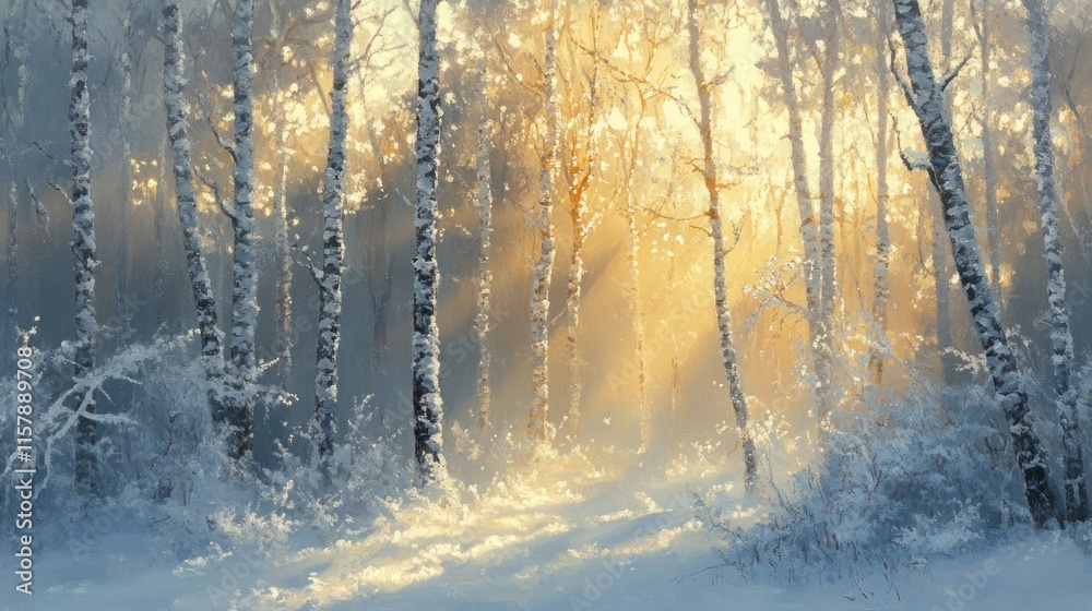 Sunbeams illuminating a snow-covered birch forest at sunrise. Sunbeams illuminating a snow-covered birch forest at sunrise.