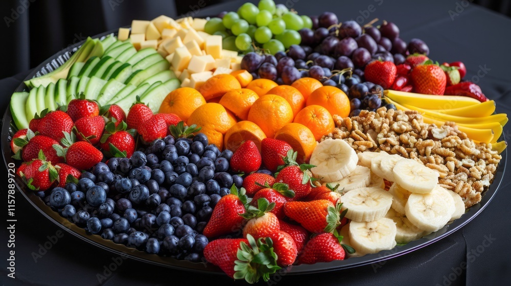 A vibrant fruit and cheese platter arranged for a gathering or event.