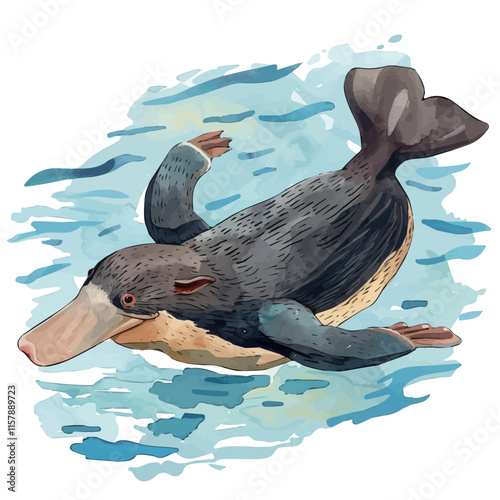 A watercolor vector of a platypus swimming in a river, isolated on a white background. Platypus vector.
