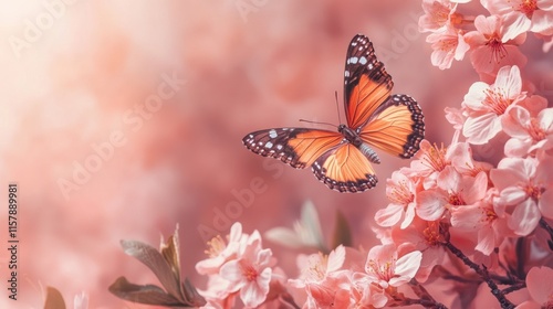 Butterfly landing on cherry blossom flowers nature scene soft focus springtime garden serene beauty photo