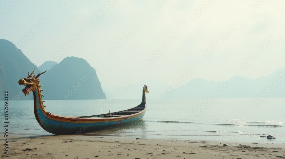Obraz premium single dragon boat resting on the shore
