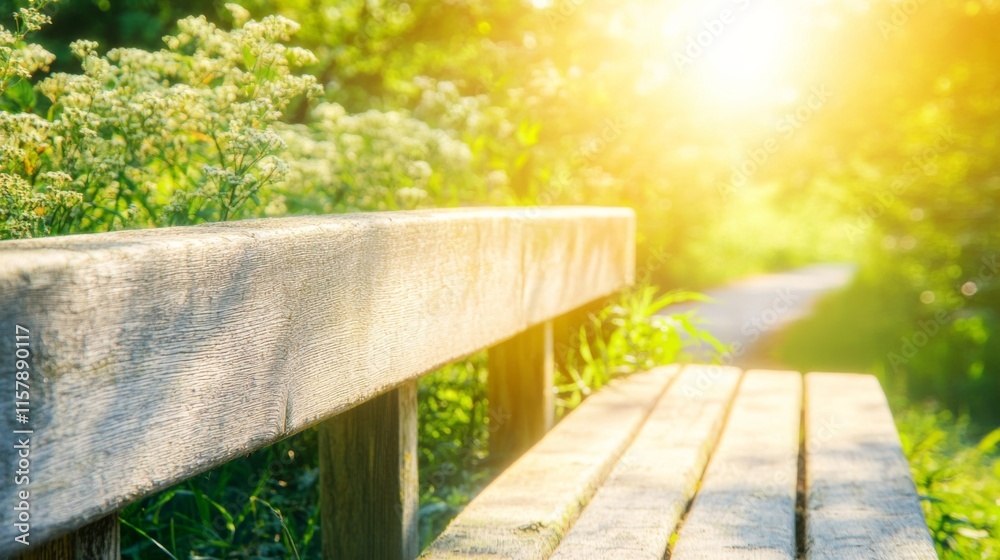 Naklejka premium Rustic Bench in Bright Sunlight with Scenic Background