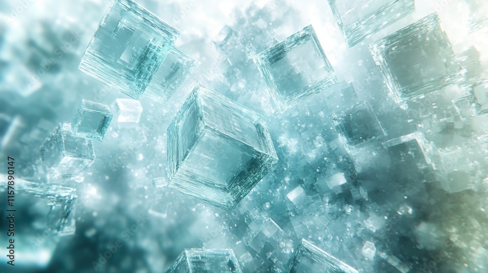 Obraz premium Floating translucent ice cubes in pale aqua tones, scattered dynamically in a weightless environment, evoking a futuristic and ethereal visual experience with intricate details. Background