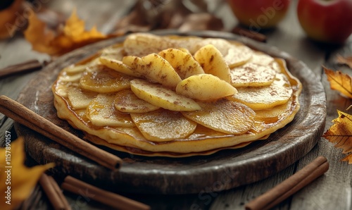 Cinnamon apple pancakes with warm slices of caramelized apple on top, surrounded by cinnamon sticks and autumn leaves on a textured wooden table. photo