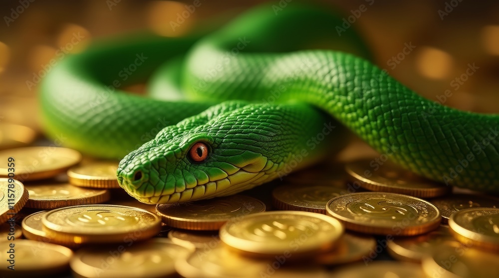 Obraz premium green snake coiled among a pile of shiny gold coins, with the vibrant green scales contrasting beautifully against the rich gold, perfect for themes of fortune and luck