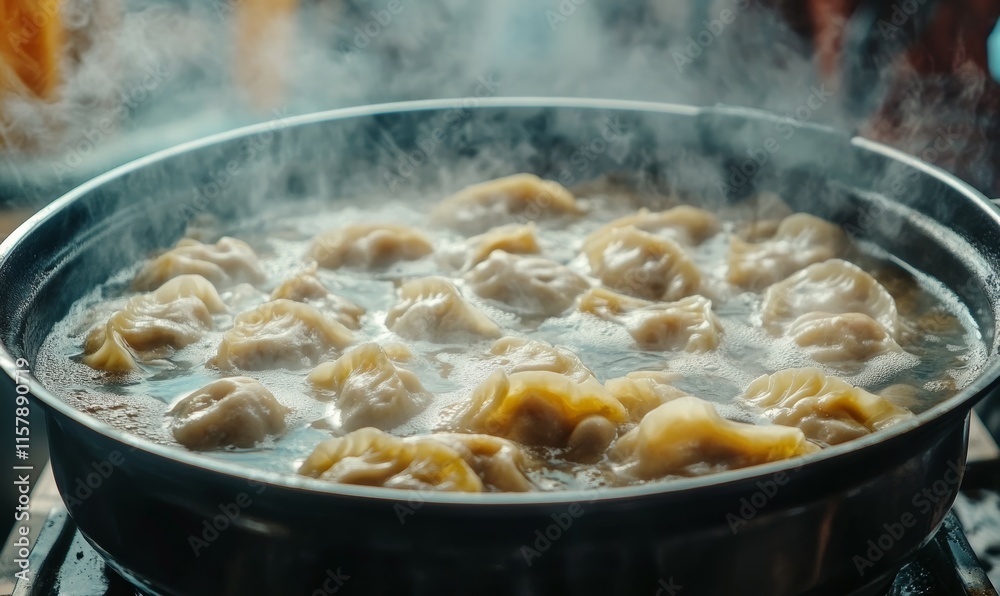 Detailed close-up of dumplings boiling in a pot, with steam rising and rich broth visible, action-packed and warm, Detailed close-up of dumplings boiling in a pot, with steam rising and rich broth visible, action-packed and warm,