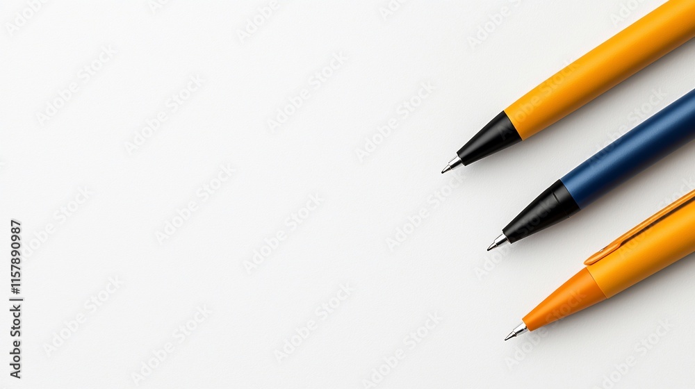 Three pens on white background, top view. Three pens on white background, top view.