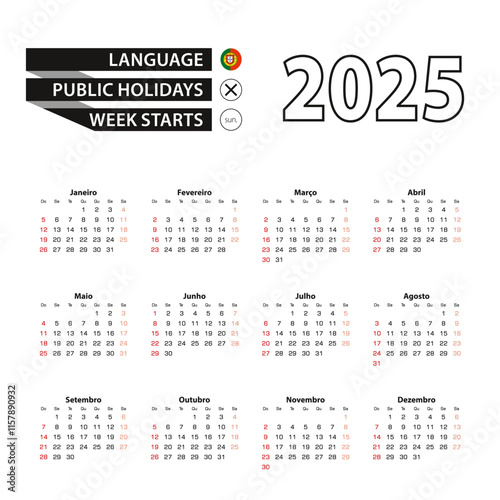 2025 calendar in Portuguese language, week starts from Sunday.