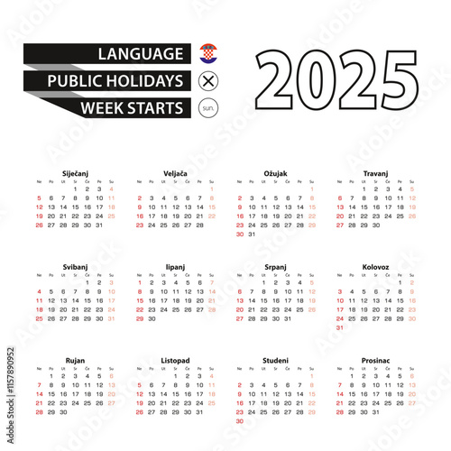 2025 calendar in Croatian language, week starts from Sunday.