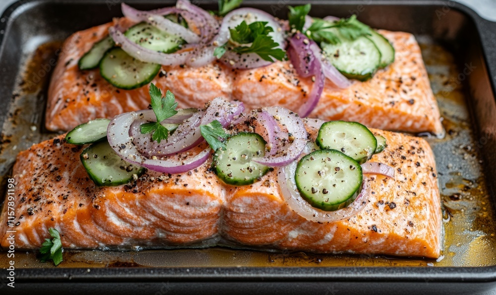 Flavorful roasted salmon with onion and cucumber garnish Flavorful roasted salmon with onion and cucumber garnish