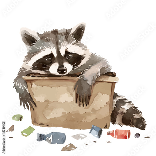 A watercolor drawing of a raccoon sneaking through trash, isolated on a white background. Raccoon vector.
