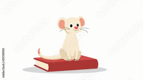 Illustrated white weasel sitting on red book isolated on white background. Concept of Mustela erminea conservation, raising awareness about endangered species, educational connection to rare animals photo