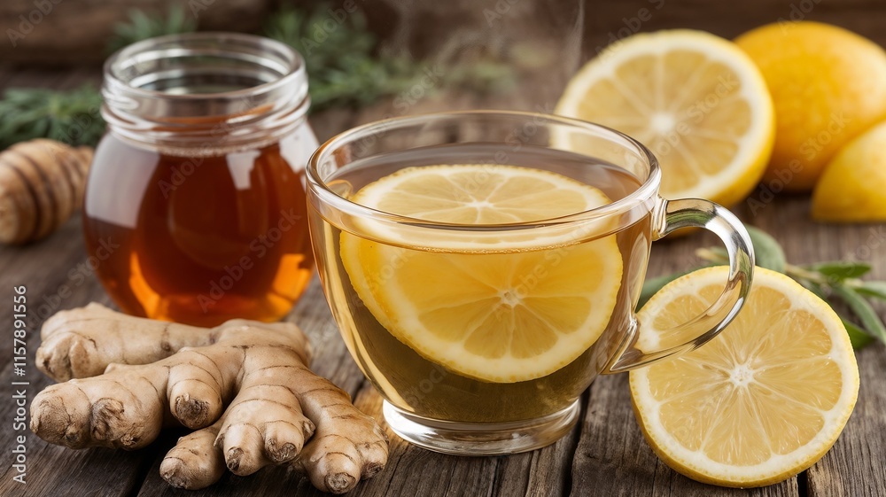 A steaming cup of ginger tea with lemon slices and honey on a wooden surface with herbs A steaming cup of ginger tea with lemon slices and honey on a wooden surface with herbs