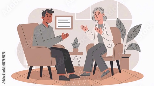 Consultation with therapist, mental health, psychoanalysis or therapy session vector illustration with man and a women talking