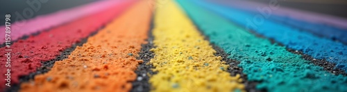 Colorful sidewalk chalk art creates vibrant rainbow stripes. Close-up view shows textured chalk designs on pavement. Pride celebration art powerful symbol of acceptance, diversity. Urban art in photo