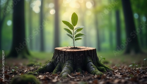 Young plant grows from old tree stump in forest. Life emerging from deadwood. Nature rebirth concept. Growth from ruin. Eco theme photo. Spring summer time. Close-up view of nature scene. Green
