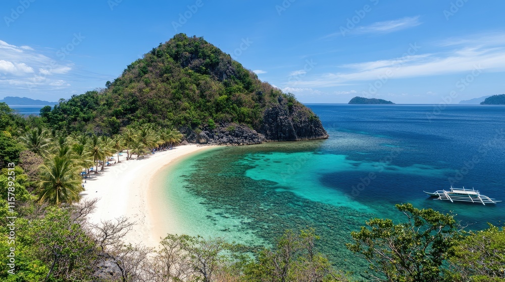 Fototapeta premium Serene Tropical Beach with Crystal Clear Water and Lush Greens