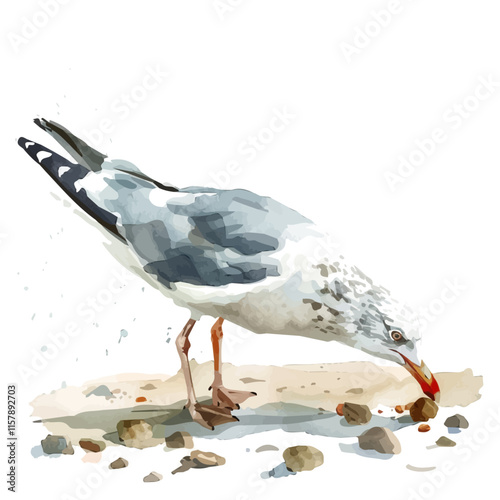 A watercolor illustration of a seagull catching crumbs, isolated on a white background. Seagull vector.
