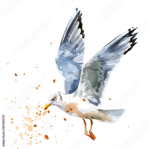 A watercolor illustration of a seagull catching crumbs, isolated on a white background. Seagull vector.
