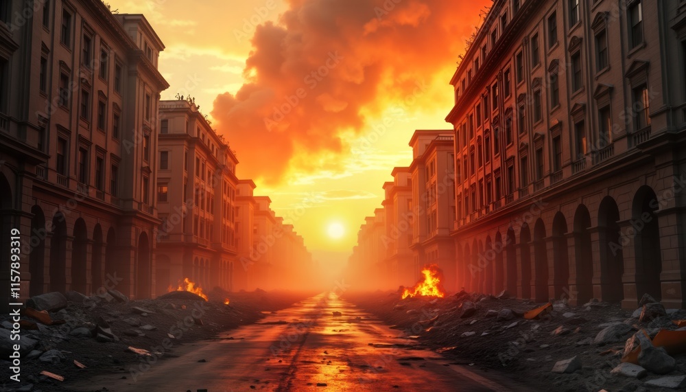Obraz premium Post-war city street under apocalyptic sunset. Buildings stand in debris, fire. Destroyed structures, rubble line road. Desolate scene evokes sense of devastation, conflict. Sunrise through street.