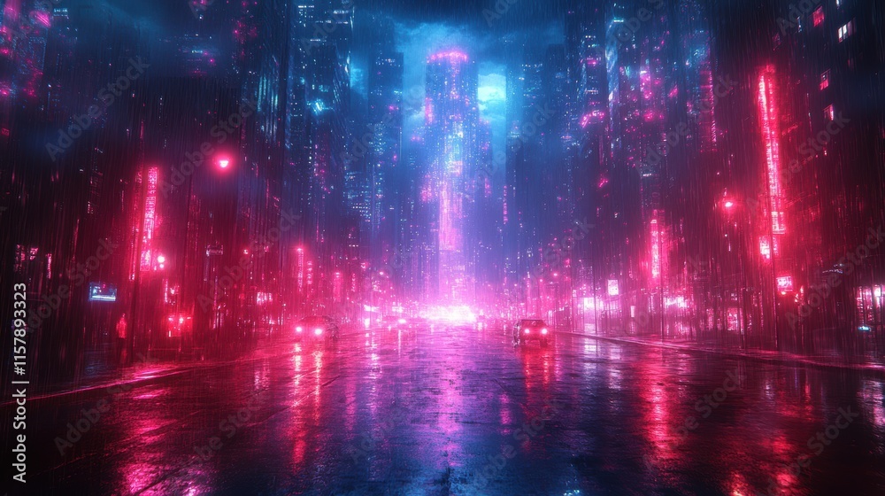 Futuristic cyberpunk cityscape with neon pink and blue lights reflecting on wet streets under a rainy night, creating a moody and immersive urban atmosphere. Background Futuristic cyberpunk cityscape with neon pink and blue lights reflecting on wet streets under a rainy night, creating a moody and immersive urban atmosphere. Background