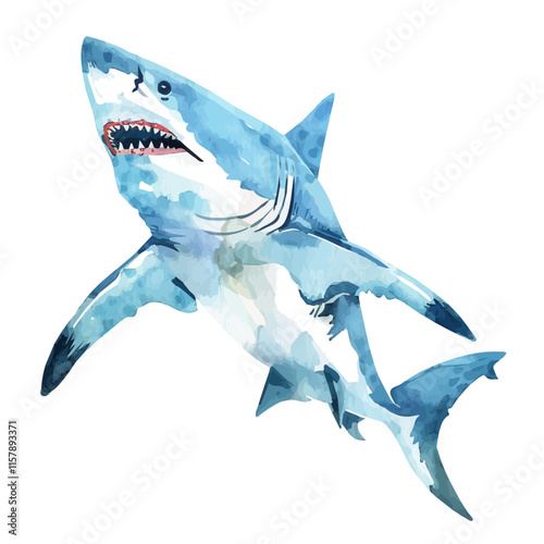 A watercolor painting of a shark swimming in the ocean, isolated on a white background. Shark vector.
