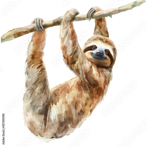 A watercolor of a sloth hanging from a branch, isolated on a white background. Sloth vector.
